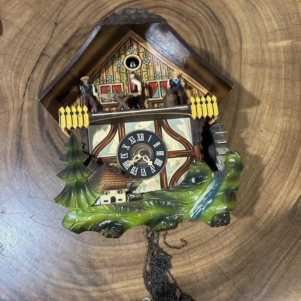 Vintage German E. Schmeckenbecher Black Forest Cuckoo Clock Sawmill Rare Piece